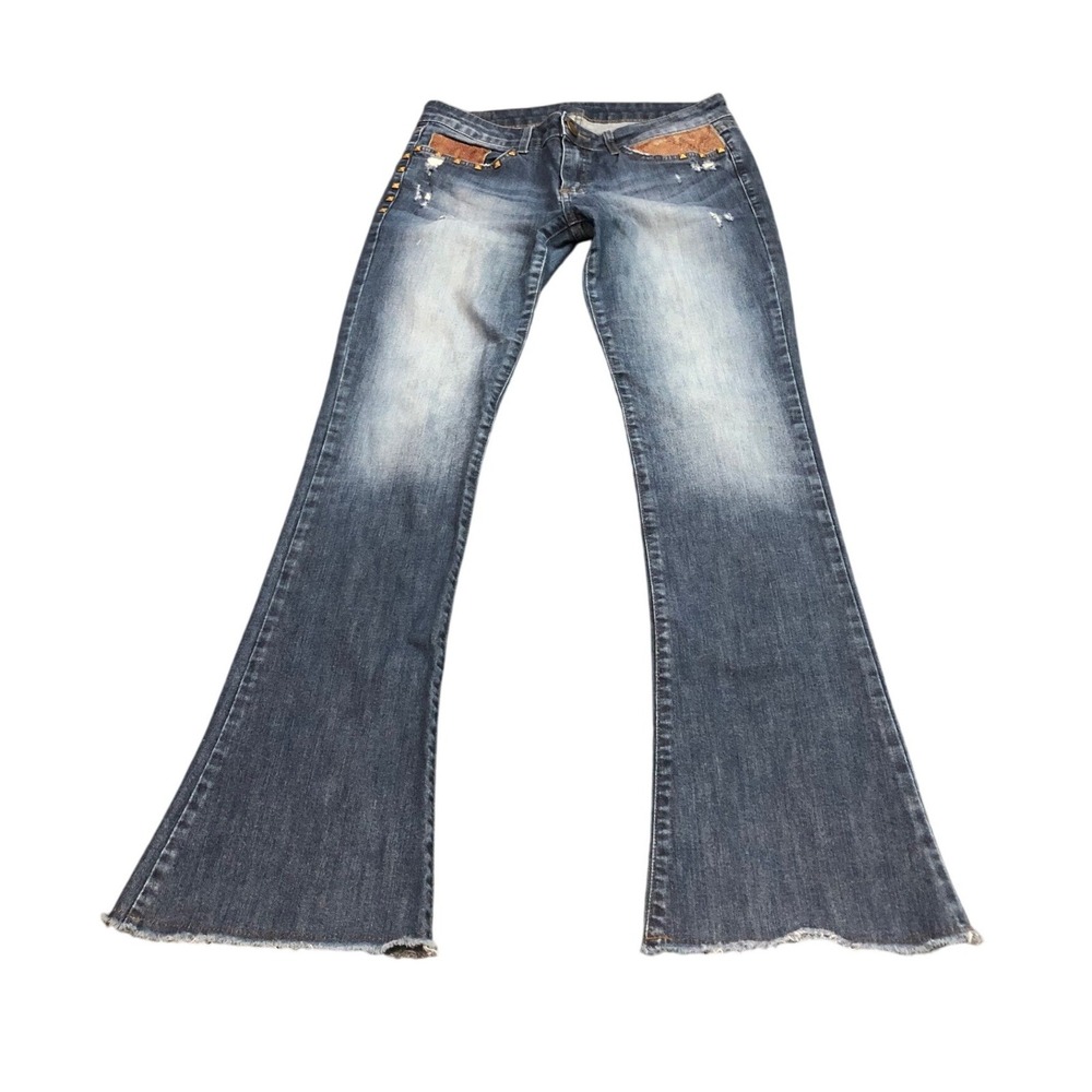 Y2K Le Lis Blanc Flare Jeans Womens 40 Blue Distressed Snakeskin Studded Raw Hem